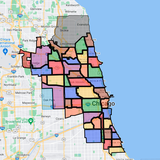 Map of Chicago neighborhoods and near north cities served by Gralak. Links to interactive Google map.