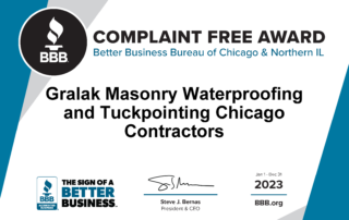 Certificate from the Better Business Bureau Complaint Free Award for 2023 recognizing Gralak Tuckpointing