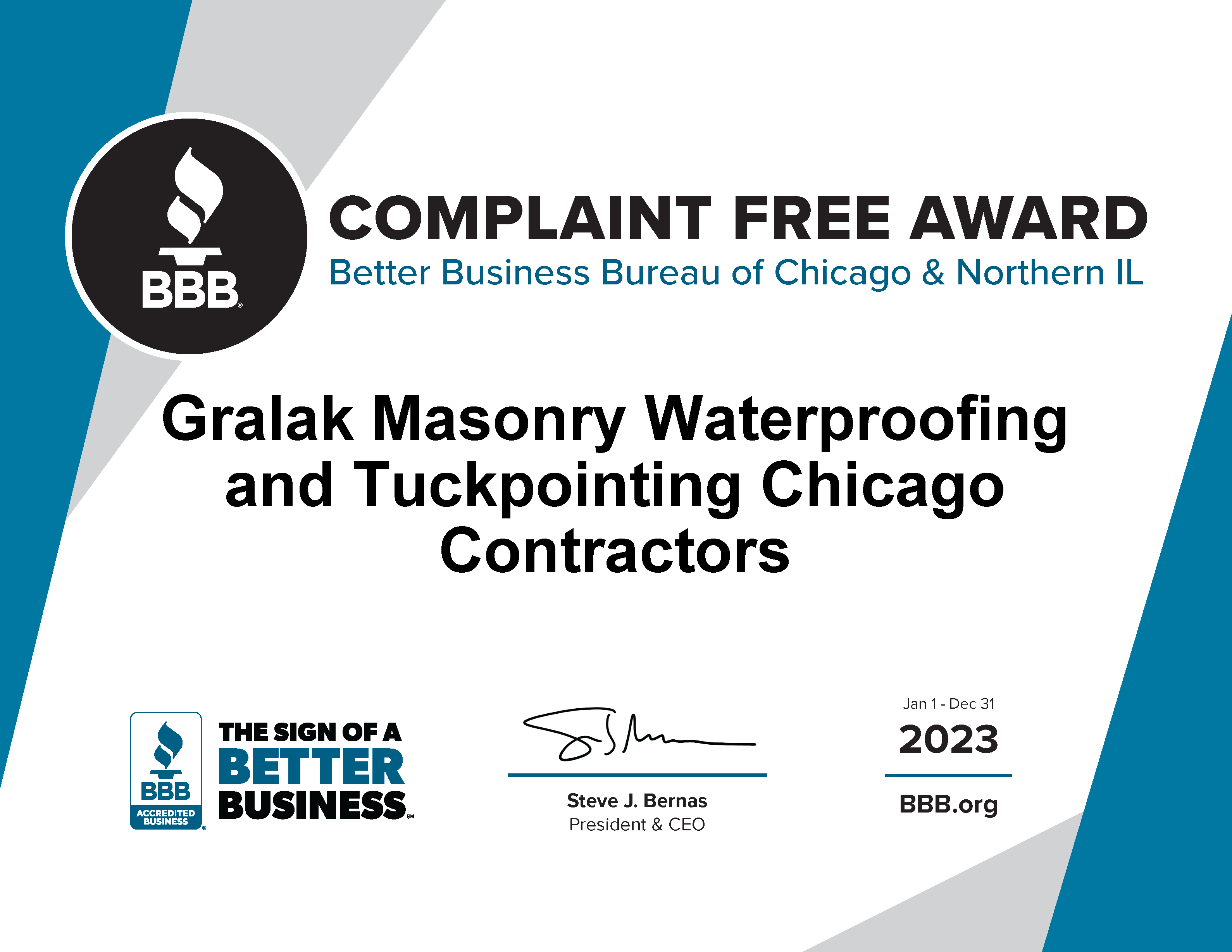 Certificate from the Better Business Bureau Complaint Free Award for 2023 recognizing Gralak Tuckpointing